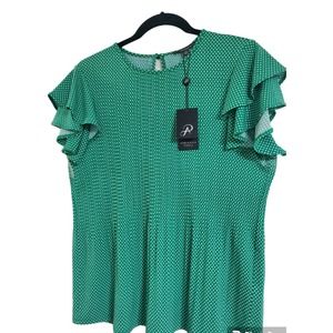 ADRIANNA PAPELL RUFFLE NECK PLEATED KNIT TOP SIZE M COLOR GREEN